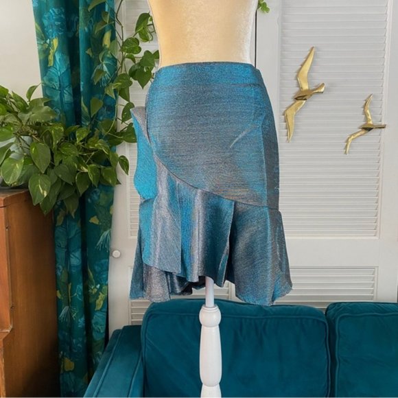 Umgee All That Sparkles High Waist Metallic Lurex Ruffled Skirt Blue Silver New - Picture 3 of 13